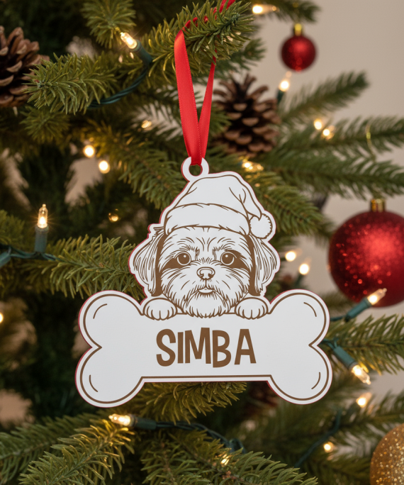 Bola de Natal personalizada com desenho de Shih Tzu e gorro natalício, ideal para decoração de árvore de Natal com animais de estimação.