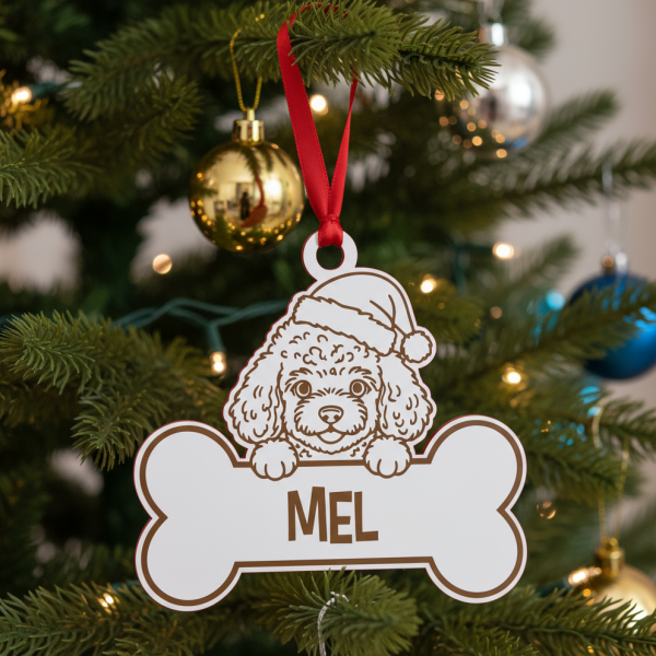 Bola de Natal com desenho de Caniche usando gorro de Natal.