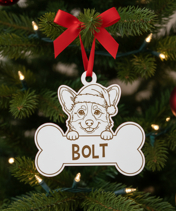 Bola de Natal personalizada com desenho de Corgi de gorro natalício, perfeita para árvore de Natal dedicada a cães.