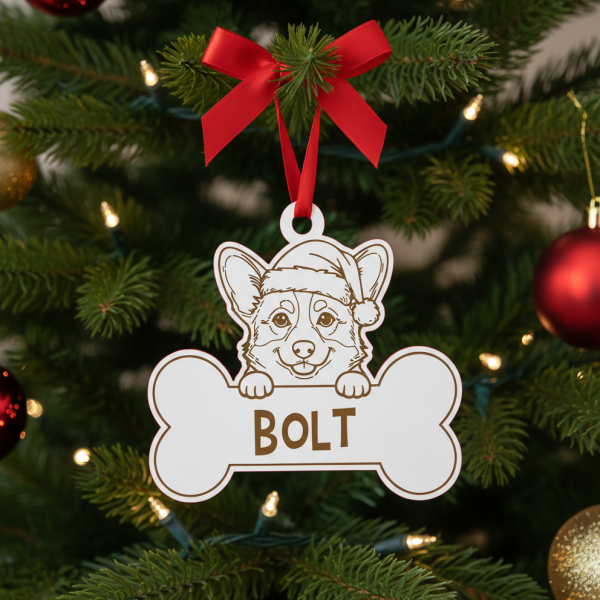 Bola de Natal personalizada com desenho de Corgi de gorro natalício, perfeita para árvore de Natal dedicada a cães.