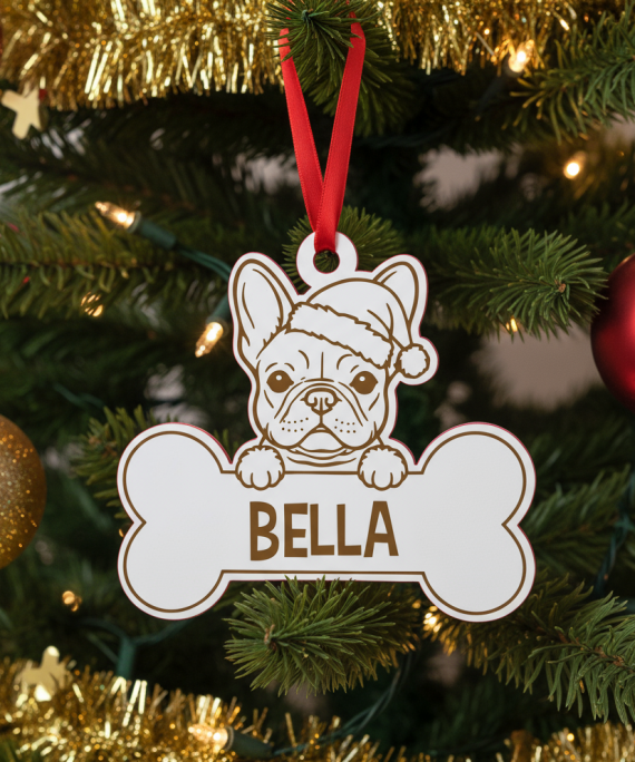 Bola de Natal personalizada com desenho de Bulldog Francês de gorro natalício, para decorares a árvore com o teu cão.