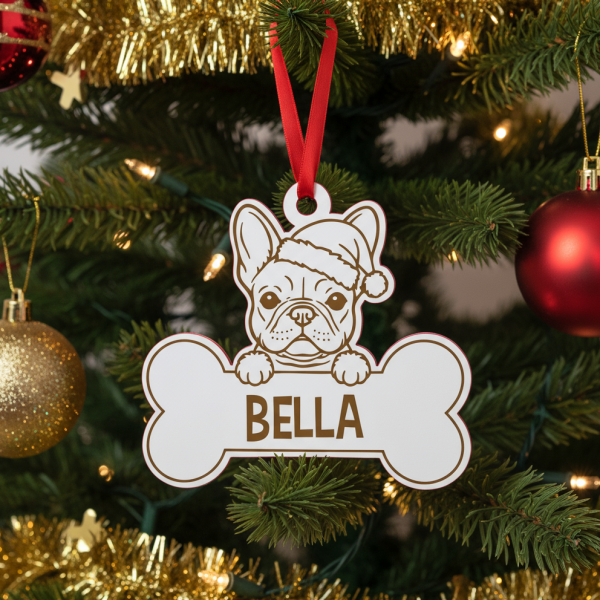 Bola de Natal personalizada com desenho de Bulldog Francês de gorro natalício, para decorares a árvore com o teu cão.