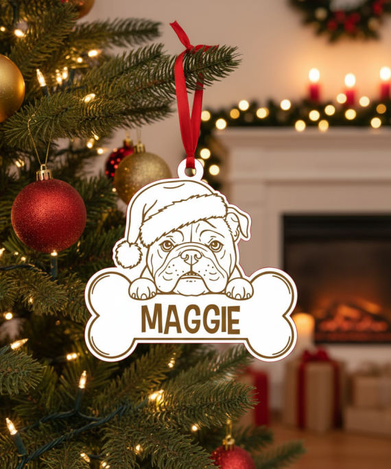 Bola de Natal personalizada com desenho de Bulldog Inglês de gorro natalício, para decorares a árvore com o teu cão.