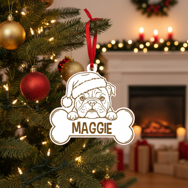 Bola de Natal personalizada com desenho de Bulldog Inglês de gorro natalício, para decorares a árvore com o teu cão.