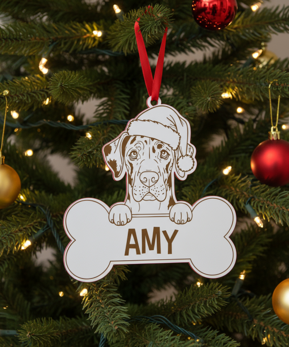 Bola de Natal personalizada com desenho de Dálmata de gorro natalício, perfeita para uma decoração natalícia moderna com animais de estimação.