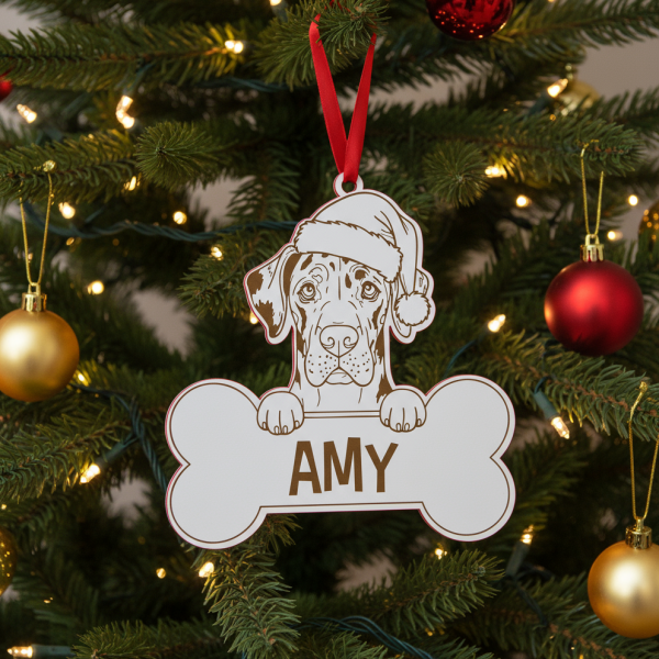 Bola de Natal personalizada com desenho de Dálmata de gorro natalício, perfeita para uma decoração natalícia moderna com animais de estimação.