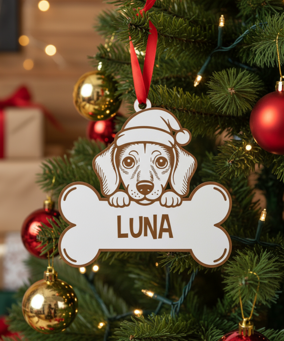 Bola de Natal personalizada com desenho de Dachshund (cão salsicha) a usar gorro natalício, perfeita para decoradores e amantes de cães.