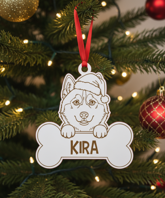 Bola de Natal com desenho de Husky Siberiano com gorro natalício.