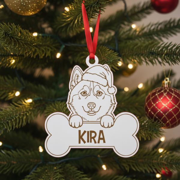 Bola de Natal com desenho de Husky Siberiano com gorro natalício.