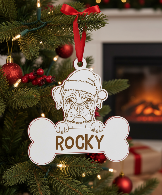 Bola de Natal personalizada com desenho de Boxer de gorro natalício, para decorares a árvore com o teu cão.