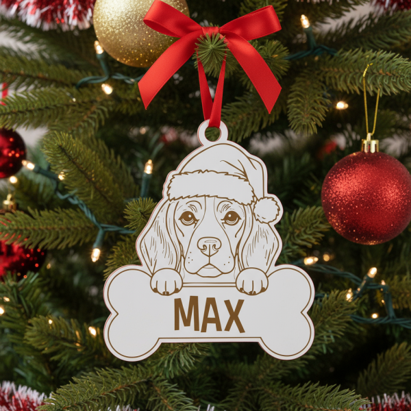 Bola de Natal personalizada com desenho de gorro natalício, para decorares a árvore com o teu cão.