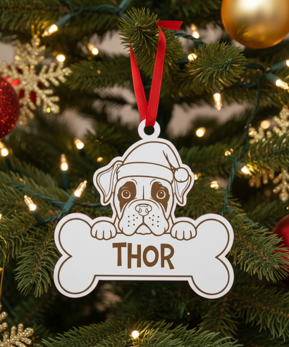Bola de Natal ilustrada com Boxer de gorro natalício.