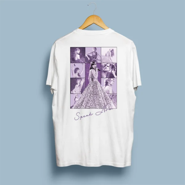 Costas de t-shirt branca com colagem lilás/púrpura da Speak Now Era e vestido de baile icónico