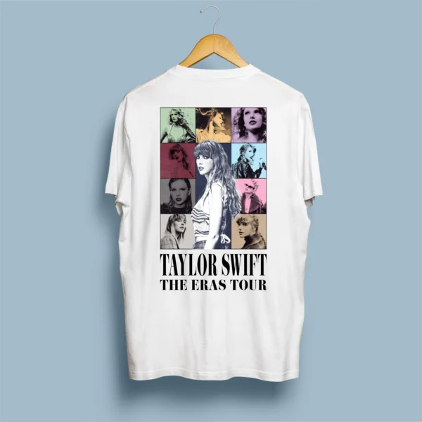 Página principal 8 Costas de t-shirt branca com colagem multicolor de todas as Eras Tour de Taylor Swift em grelha