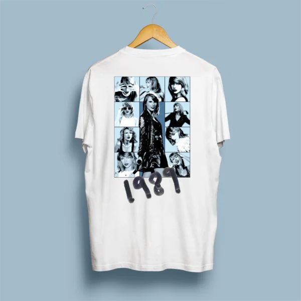 Página principal 24 Costas de t-shirt branca com colagem azul/preto da 1989 Era e tipografia graffiti 1989