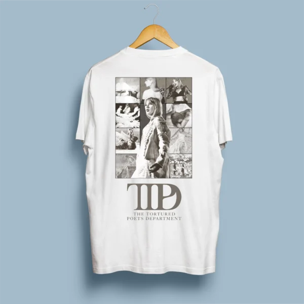 Página principal 12 Costas de t-shirt branca com colagem sépia editorial da TTPD Era e logo oficial The Tortured Poets Department