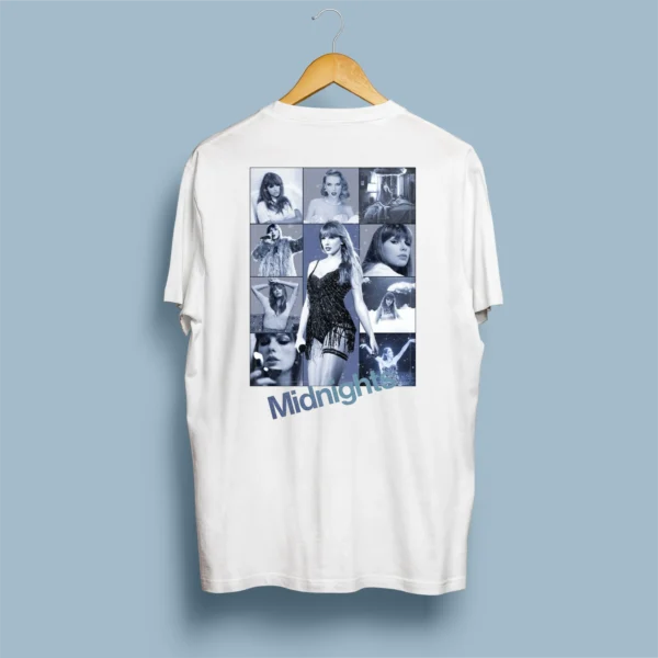 Página principal 14 Costas de t-shirt branca com colagem azul aço da Midnights Era e collant preto com franjas icónico