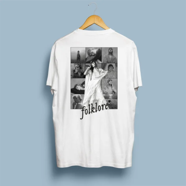 Página principal 18 Costas de t-shirt branca com colagem P&B minimalista da Folklore Era e tipografia manuscrita folklore