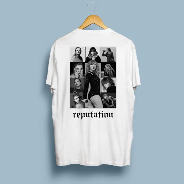 Página principal 22 Costas de t-shirt branca com colagem P&B dark da Reputation Era e tipografia gótica reputation